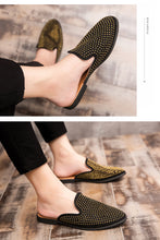 Load image into Gallery viewer, Leather Open Back Slip-On Dress Slippers on Backless Velvet Loafers