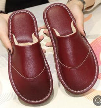 Load image into Gallery viewer, Leather cotton slippers winter home indoor beef tendon bottom non-slip waterproof