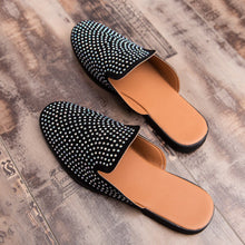 Load image into Gallery viewer, Leather Open Back Slip-On Dress Slippers on Backless Velvet Loafers