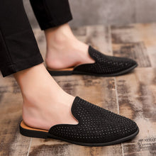 Load image into Gallery viewer, Leather Open Back Slip-On Dress Slippers on Backless Velvet Loafers