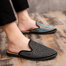 Load image into Gallery viewer, Leather Open Back Slip-On Dress Slippers on Backless Velvet Loafers